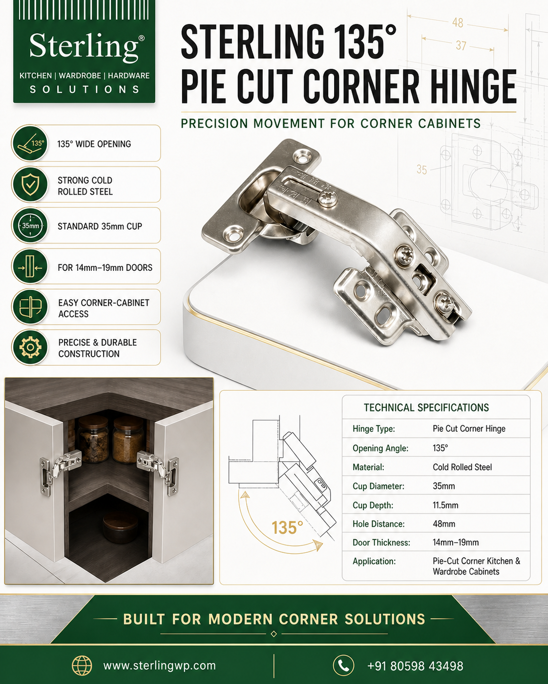 Sterling 135 Degree Pie Cut Corner Hinge - Image 2
