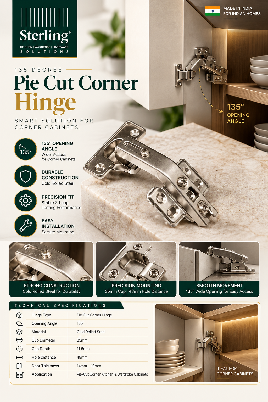 Sterling 135 Degree Pie Cut Corner Hinge