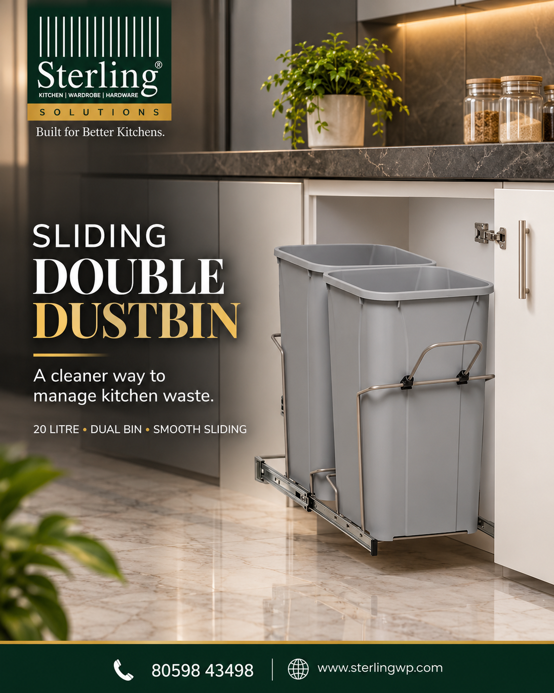 Sterling Sliding Double Dustbin – 20L | Wet & Dry