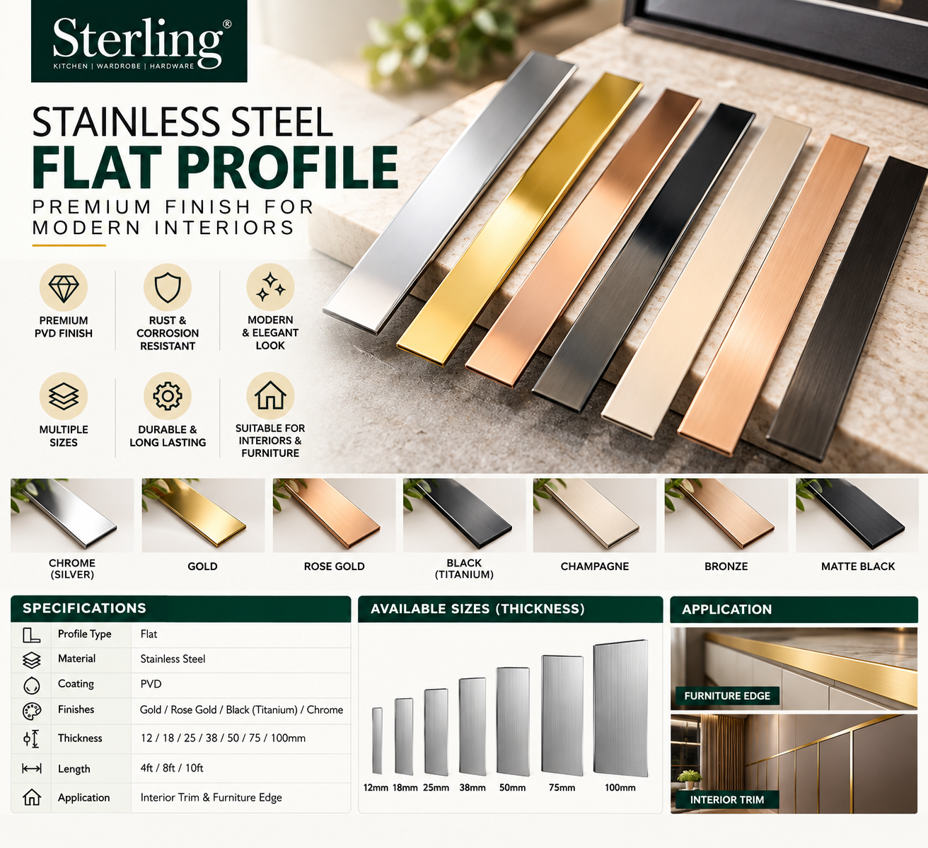 Sterling Stainless Steel PVD Flat Profile – Gold, Rose Gold, Black & Chrome - Image 2