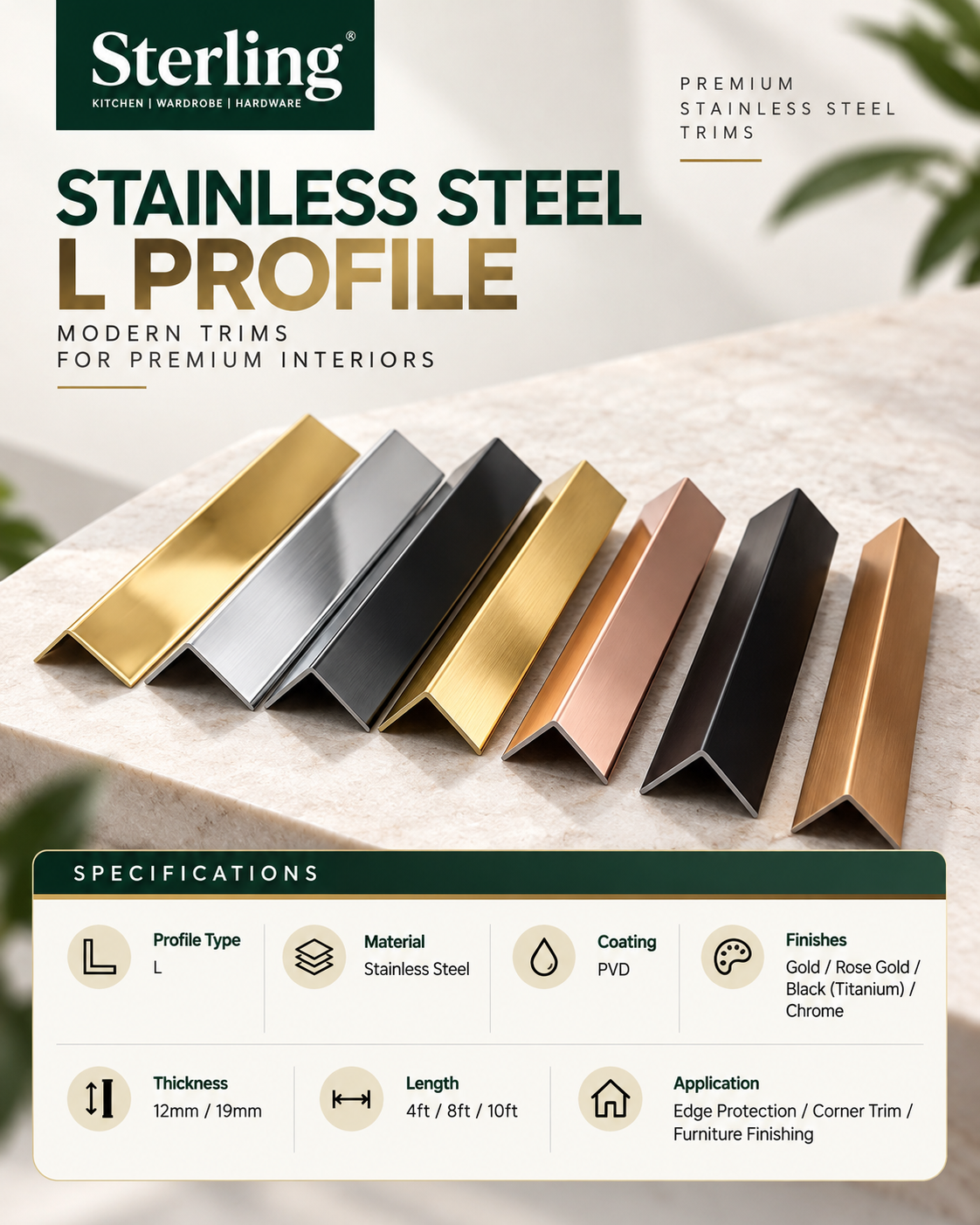 Sterling Stainless Steel PVD L Profile – Gold, Rose Gold, Black & Chrome - Image 2