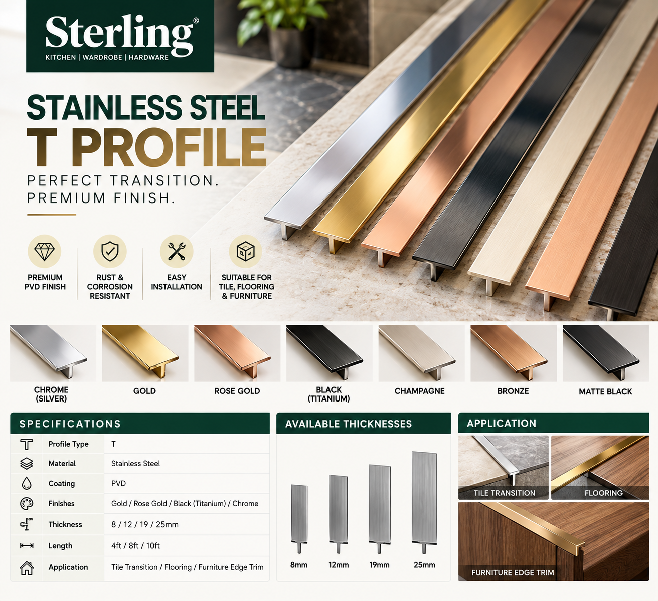 Sterling Stainless Steel PVD T Profile – Gold, Rose Gold, Black & Chrome - Image 2