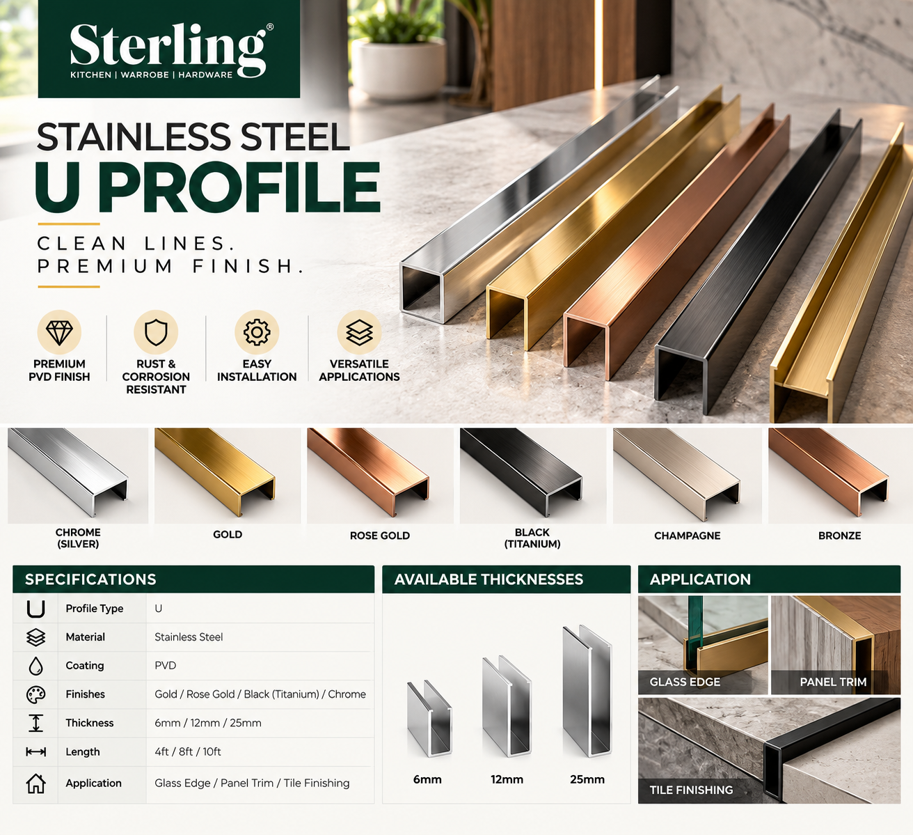 Sterling Stainless Steel PVD U Profile – Gold, Rose Gold, Black & Chrome - Image 2