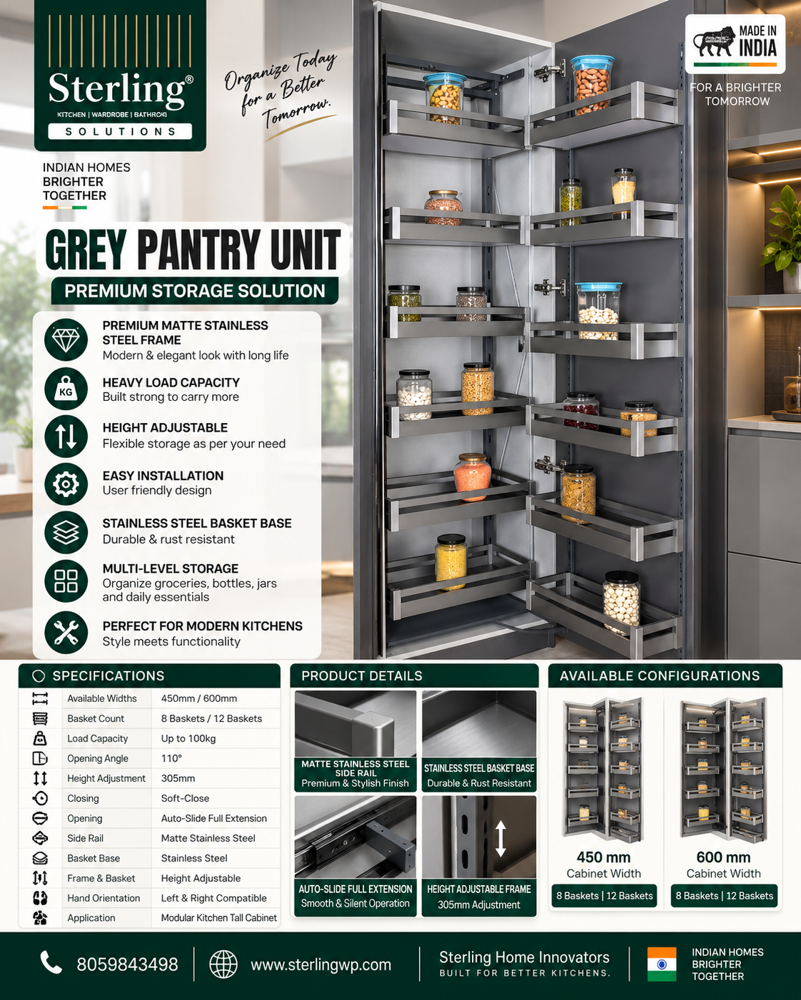 Sterling Grey Pantry Unit – Auto-Slide Soft-Close